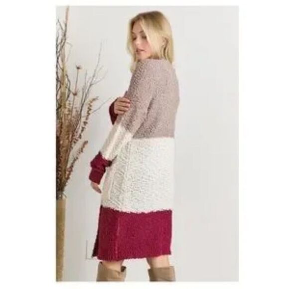 Cardigan Popcorn-Textured Color-Block Wine/Tan/Cream Medium-Large - Picture 2 of 5